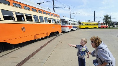 From left are the Johnstown (Kenosha), Southeastern Pennsylvania, Cincinnati and the Pittsburgh streetcars.